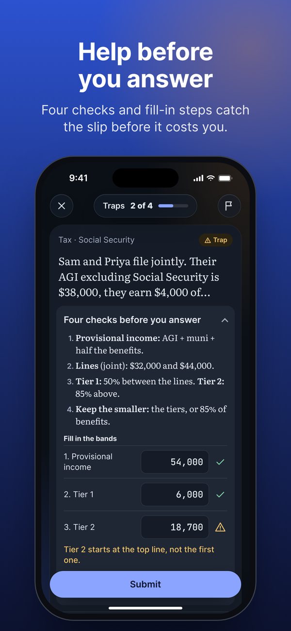 Help before you answer. Four checks and fill-in steps catch the slip before it costs you. iPhone screenshot: a Social Security question with four checks and fill-in bands for provisional income, Tier 1 and Tier 2, flagging that Tier 2 starts at the top line.