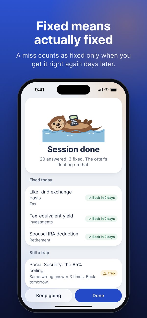 Fixed means actually fixed. A miss counts as fixed only when you get it right again days later. iPhone screenshot: Session done, 20 answered and 3 fixed, each back in 2 days, with one still a trap.