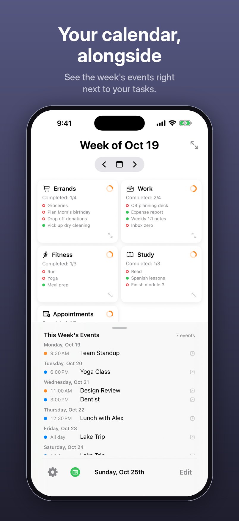 Your calendar, alongside. See the week’s events right next to your tasks. iPhone screenshot: the week’s task cards with This Week’s Events listed below, day by day.