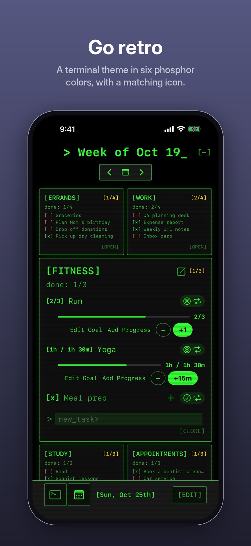 Go retro. A terminal theme in six phosphor colors, with a matching icon. iPhone screenshot: the week in green monospace on black, with bracketed category names.