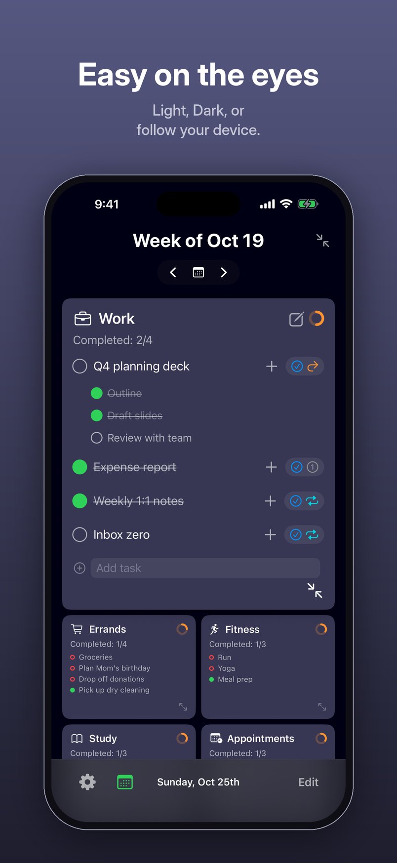 Easy on the eyes. Light, Dark, or follow your device. iPhone screenshot: Tasquel in dark mode, with the Work card open.