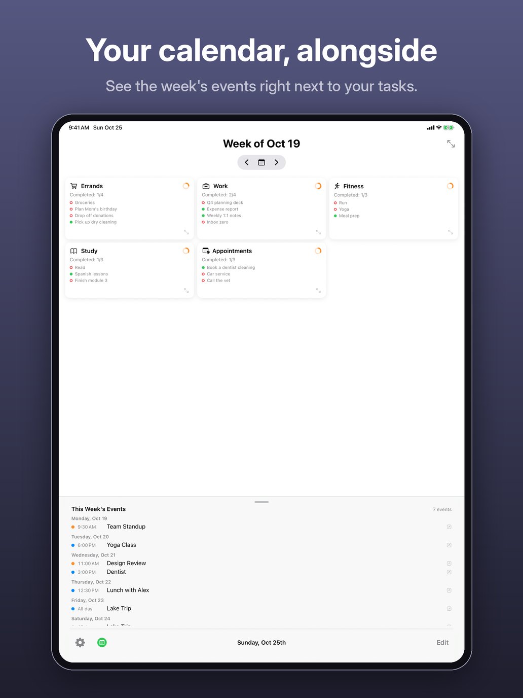 Your calendar, alongside. See the week’s events right next to your tasks. iPad screenshot: the week’s task cards with This Week’s Events listed below, day by day.